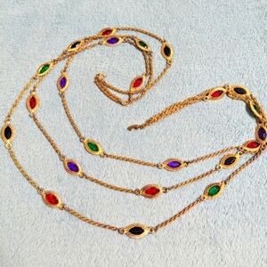 Vintage 3 Strand Goldtone and Jewel Tone Acrylic Bead Necklace
